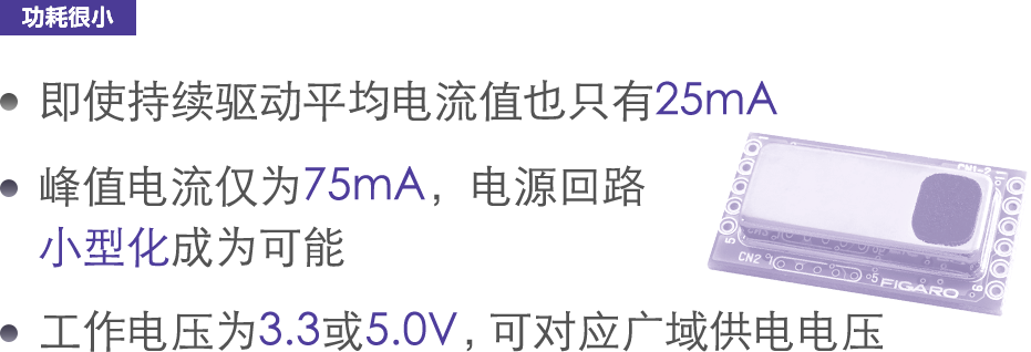 即使持续驱动平均电流值也只有25mA 峰值电流仅为75mA，电源回路小型化成为可能 工作电压为3.3或5.0V，可对应广域供电电压